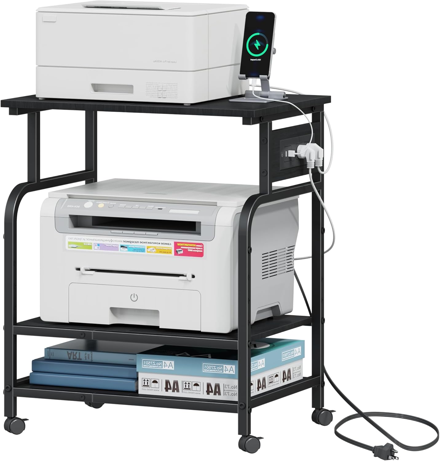 3 Tier Large Printer Stand with Power Outlet/Adjustable Storage Shelf, Rolling Cart with Wheels, Printer Table for Home Office 3D Printer/Heat Press/Laster, 22"×15" Black