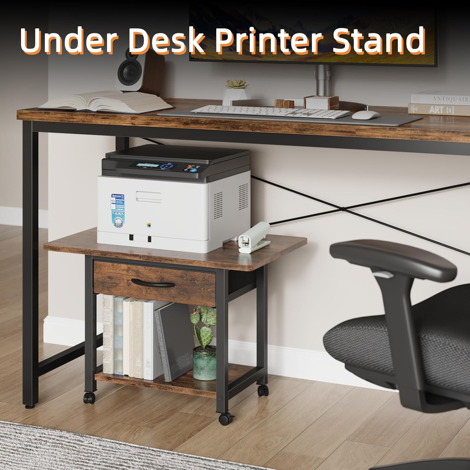 22"x15" Large Printer Stand with Storage Drawer, 2-Tier Under Desk Printer Table for Home Office, Printer Cart fit Fax Machine/3D Printer/Scanner (Brown)