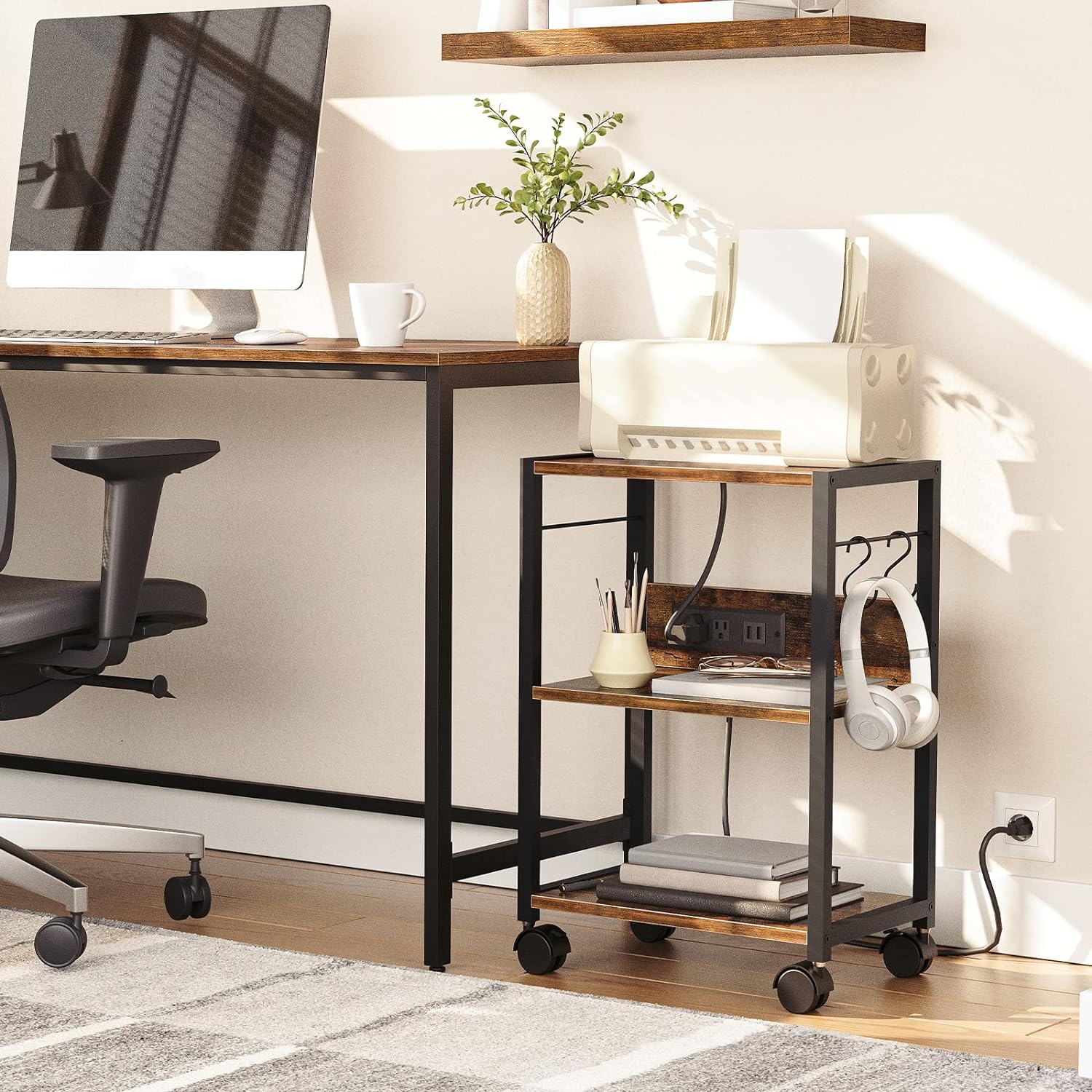 Industrial Printer Cart, 3-Tier Mobile Printer Stand, Rolling Cart with Power Outlets and USB Ports, Home Printer Stand with 2 Hooks, for Office, Living Room, Rustic Brown PTHR40E01Z