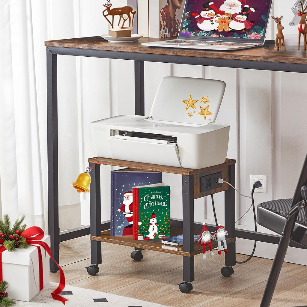 HOOBRO 2-Tier Printer Stand With Charging Station, Under Desk Table, Cart With Storage Shelves, Shelf for Small Spaces, Home Office, Rustic Brown and Black BF38UPS01