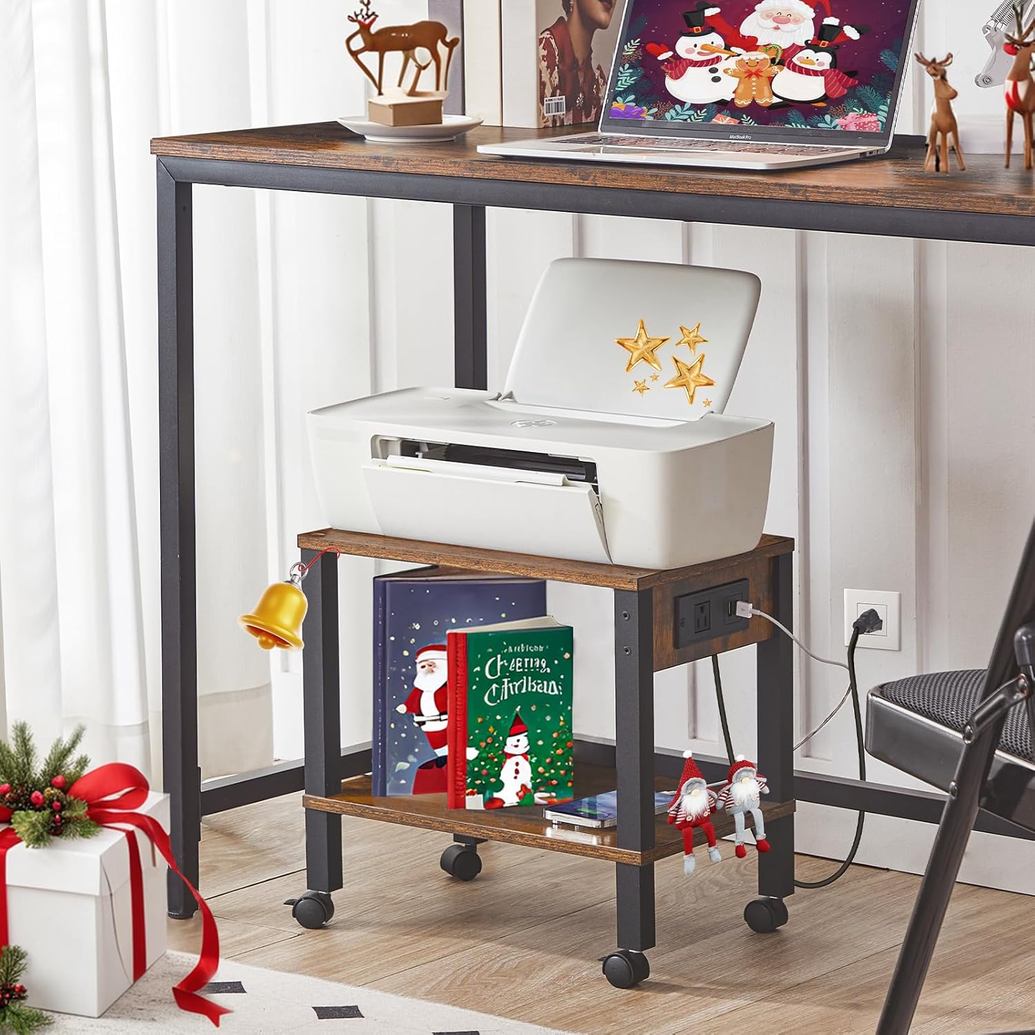 HOOBRO 2-Tier Printer Stand With Charging Station, Under Desk Table, Cart With Storage Shelves, Shelf for Small Spaces, Home Office, Rustic Brown and Black BF38UPS01