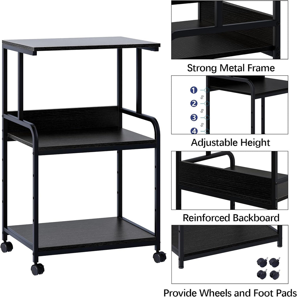 Printer Stand with Storage Shelf,3 Tier Printer Cart with Wheels,Mobile Printer Table for Home Office,Stands for Printer Heat Press Scanner Fax,Industrial Style (Black)