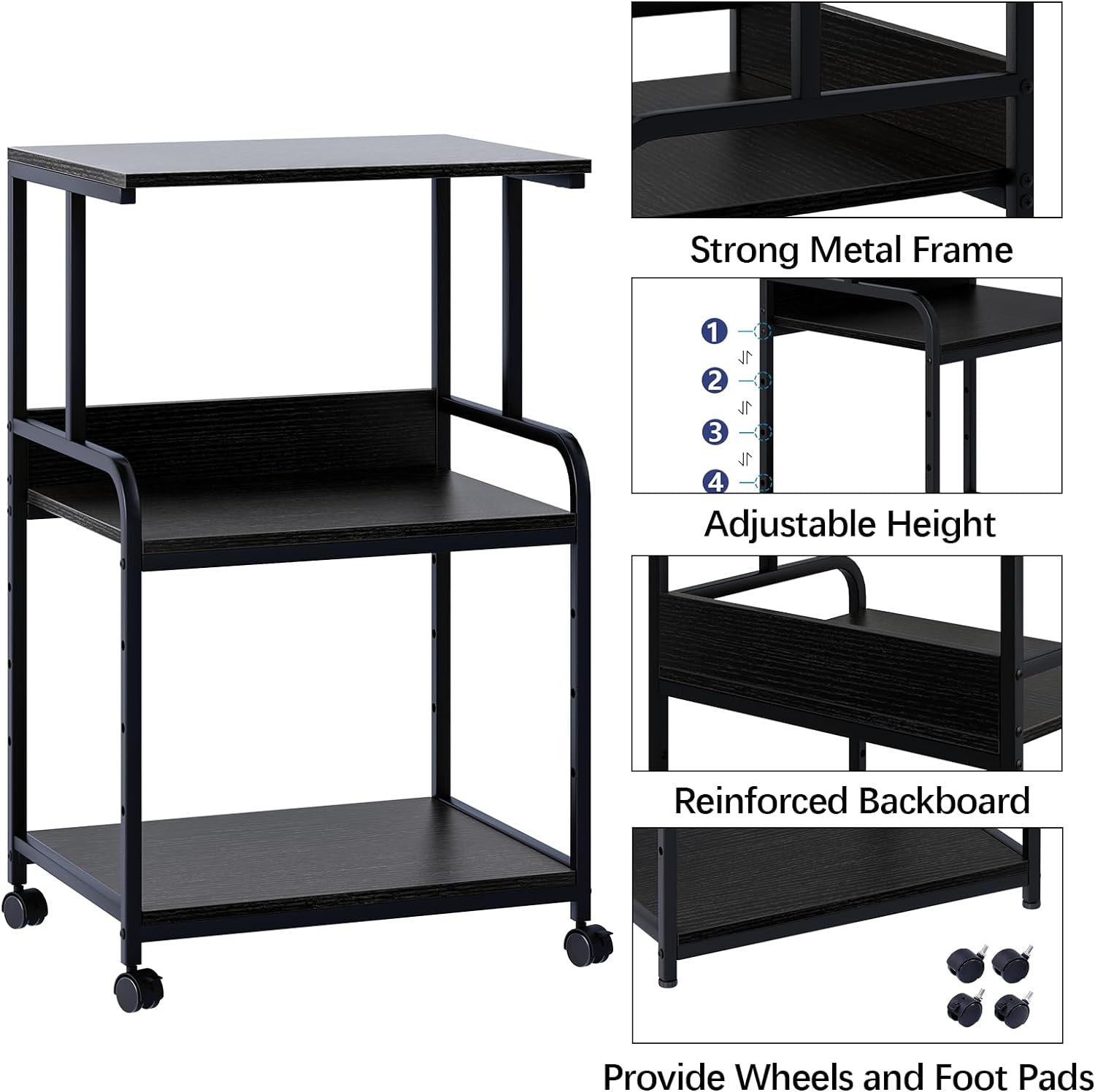 Printer Stand with Storage Shelf,3 Tier Printer Cart with Wheels,Mobile Printer Table for Home Office,Stands for Printer Heat Press Scanner Fax,Industrial Style (Black)