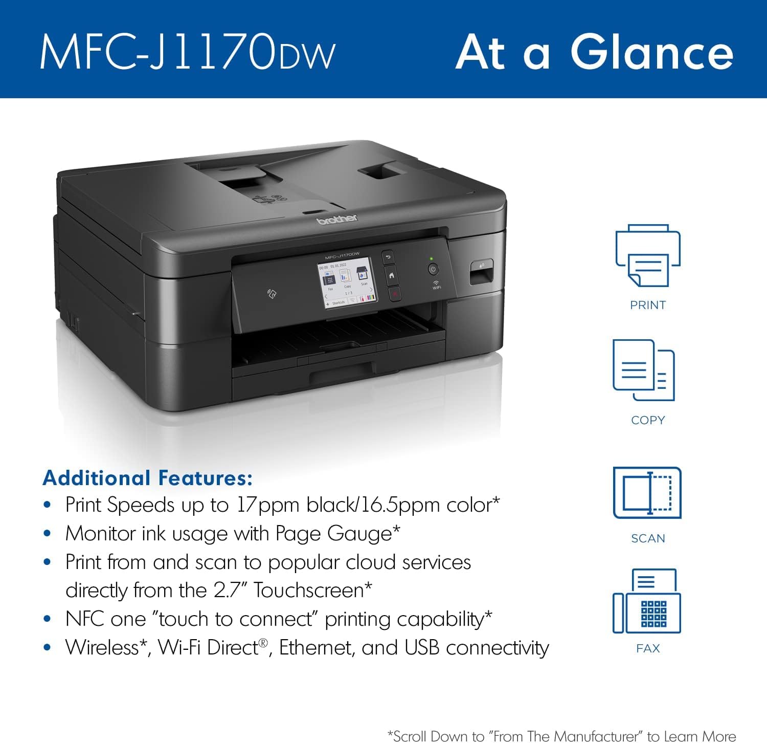 Brother MFC-J1170DW Wireless Color Inkjet All-in-One Printer with Mobile Device Printing, NFC, Cloud Printing & Scanning, Refresh Subscription and Works with Alexa
