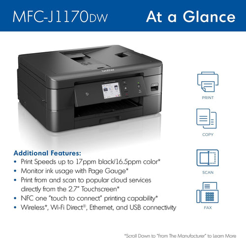 Brother MFC-J1170DW Wireless Color Inkjet All-in-One Printer with Mobile Device Printing, NFC, Cloud Printing & Scanning, Refresh Subscription and Works with Alexa