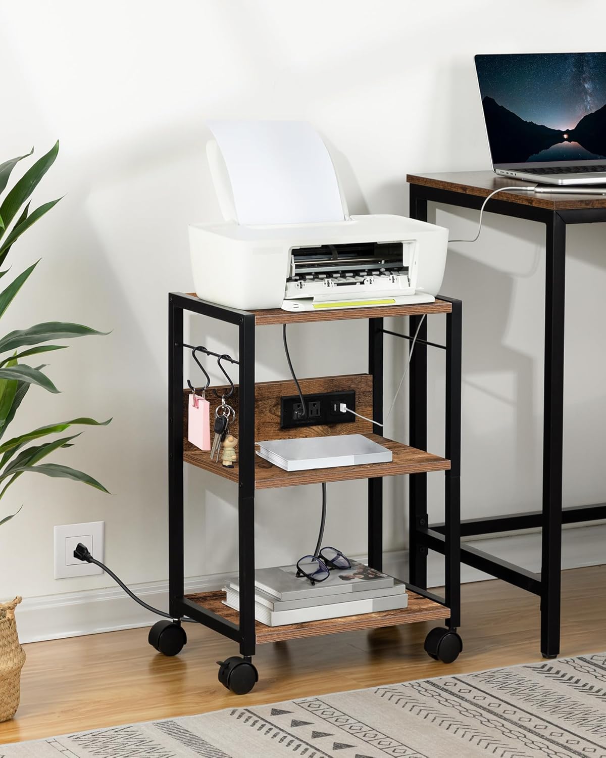 Industrial Printer Cart, 3-Tier Mobile Printer Stand, Rolling Cart with Power Outlets and USB Ports, Home Printer Stand with 2 Hooks, for Office, Living Room, Rustic Brown PTHR40E01Z