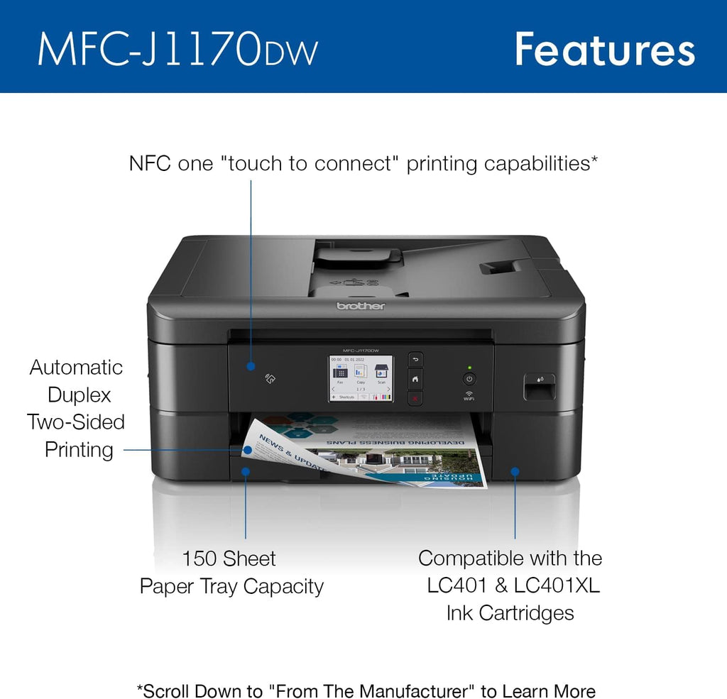 Brother MFC-J1170DW Wireless Color Inkjet All-in-One Printer with Mobile Device Printing, NFC, Cloud Printing & Scanning, Refresh Subscription and Works with Alexa