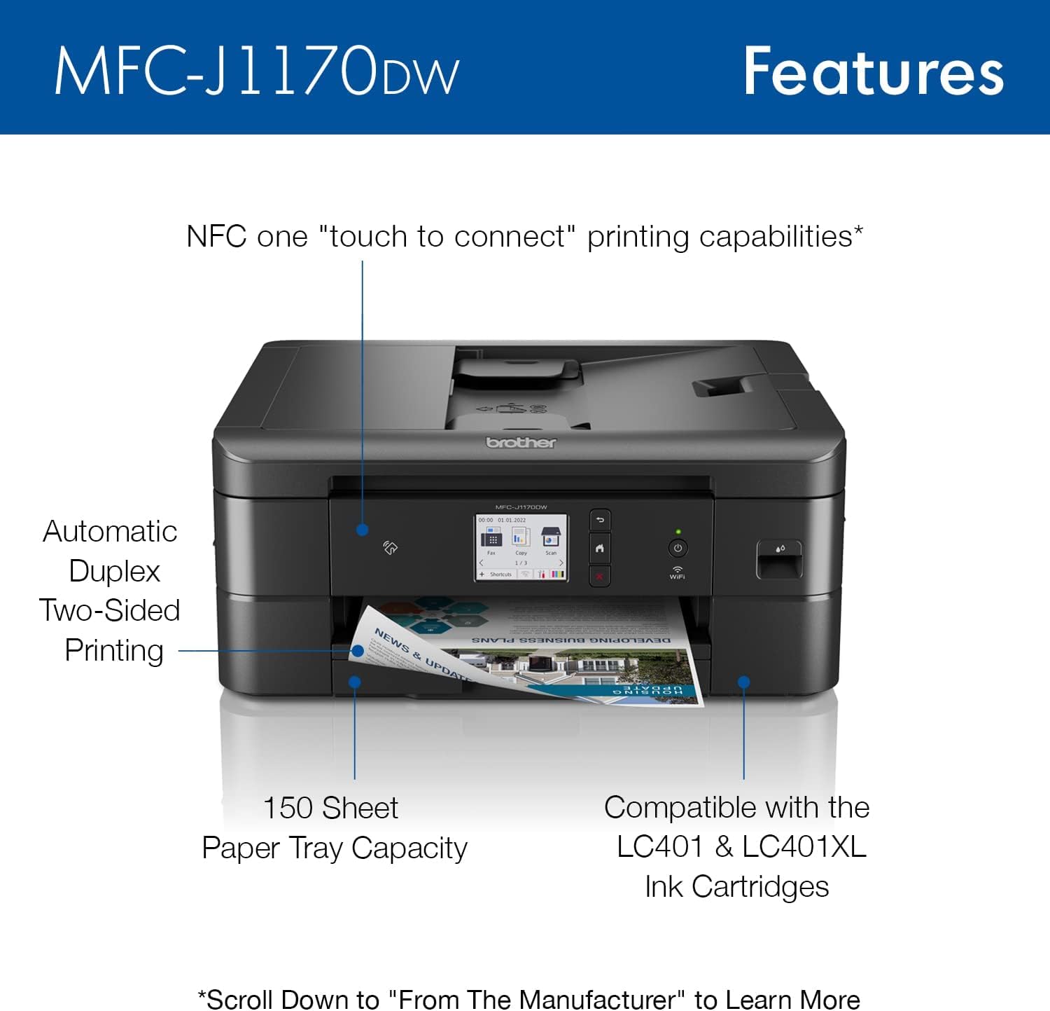 Brother MFC-J1170DW Wireless Color Inkjet All-in-One Printer with Mobile Device Printing, NFC, Cloud Printing & Scanning, Refresh Subscription and Works with Alexa