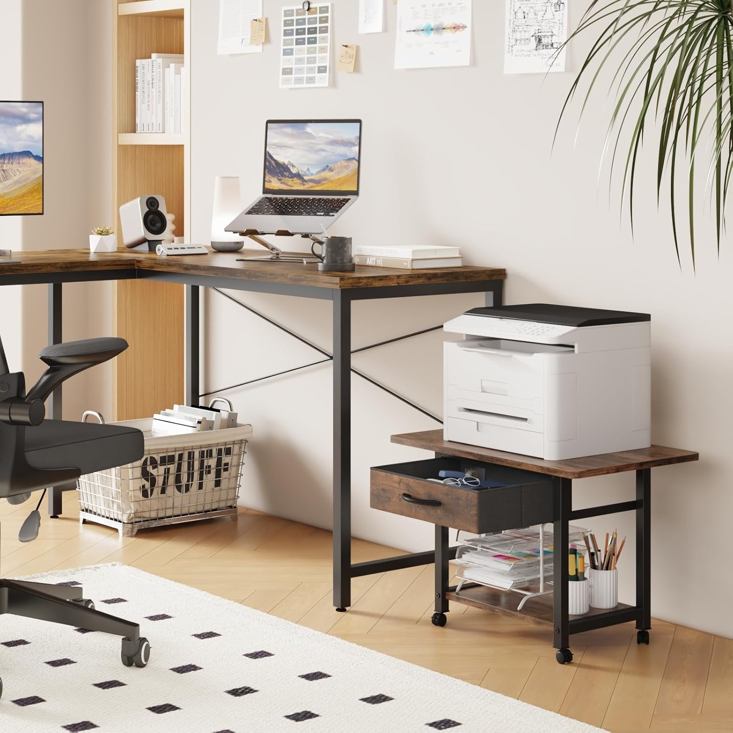 22"x15" Large Printer Stand with Storage Drawer, 2-Tier Under Desk Printer Table for Home Office, Printer Cart fit Fax Machine/3D Printer/Scanner (Brown)