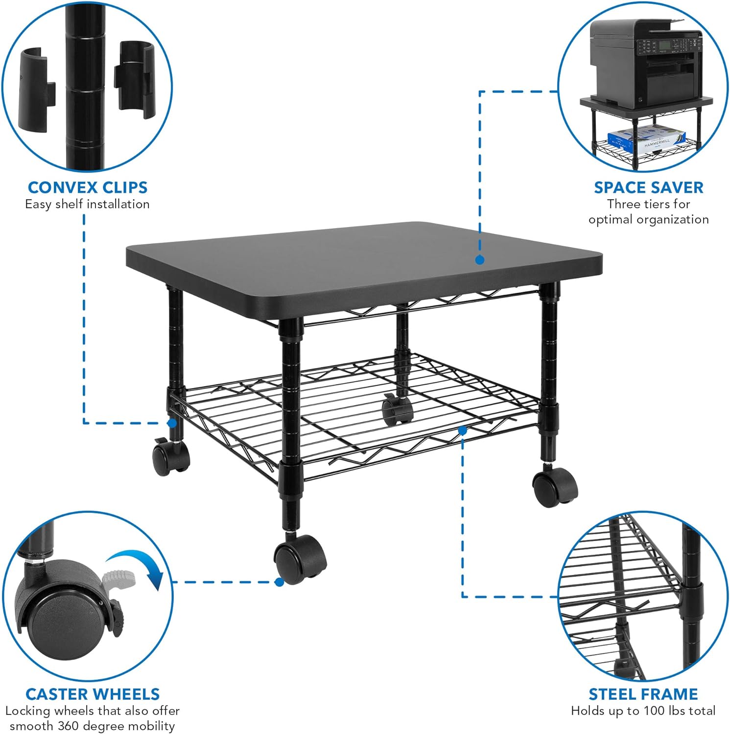 Mount-It! Under Desk Printer Stand with Wheels | Mobile Printer and Fax Cart with Storage Shelf for Office and Home Use, 2 Tiers (Black)