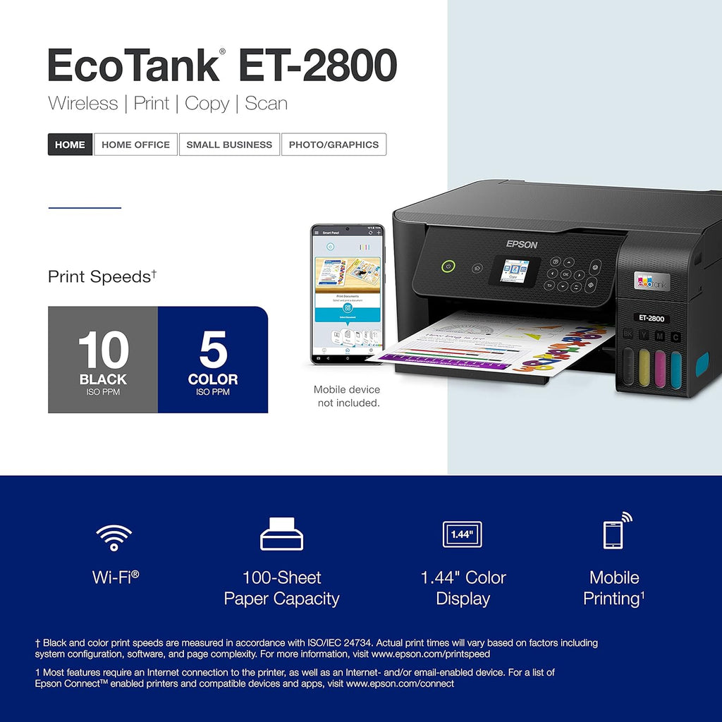 Epson EcoTank ET-2800 Wireless Color All-in-One Cartridge-Free Supertank Printer with Scan and Copy The Ideal Basic Home Printer - Black, Medium