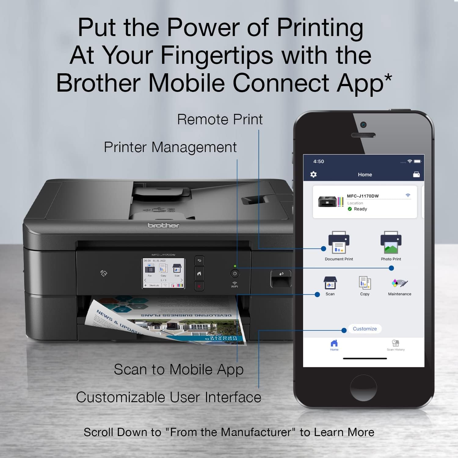Brother MFC-J1170DW Wireless Color Inkjet All-in-One Printer with Mobile Device Printing, NFC, Cloud Printing & Scanning, Refresh Subscription and Works with Alexa