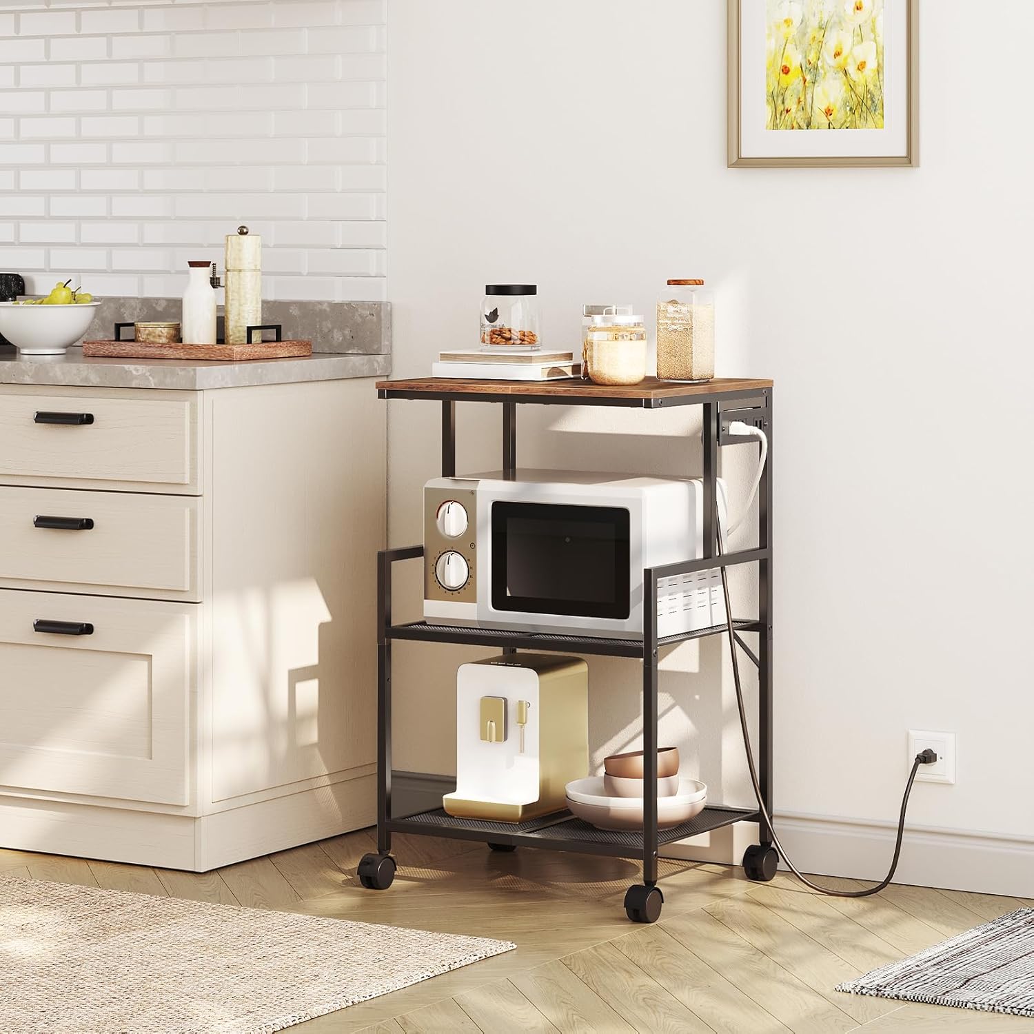 Mobile Printer Stand, 3-Tier Industrial Printer Cart with Power Outlets and 2 USB Ports, Rolling Printer Table on Wheels for Home Offices Kitchen Organization Rack, Rustic Brown PTHR78E01