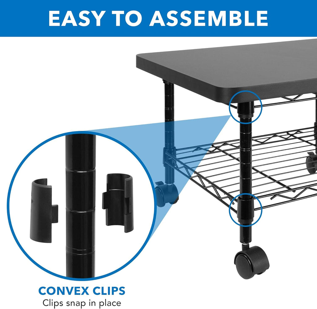 Mount-It! Under Desk Printer Stand with Wheels | Mobile Printer and Fax Cart with Storage Shelf for Office and Home Use, 2 Tiers (Black)