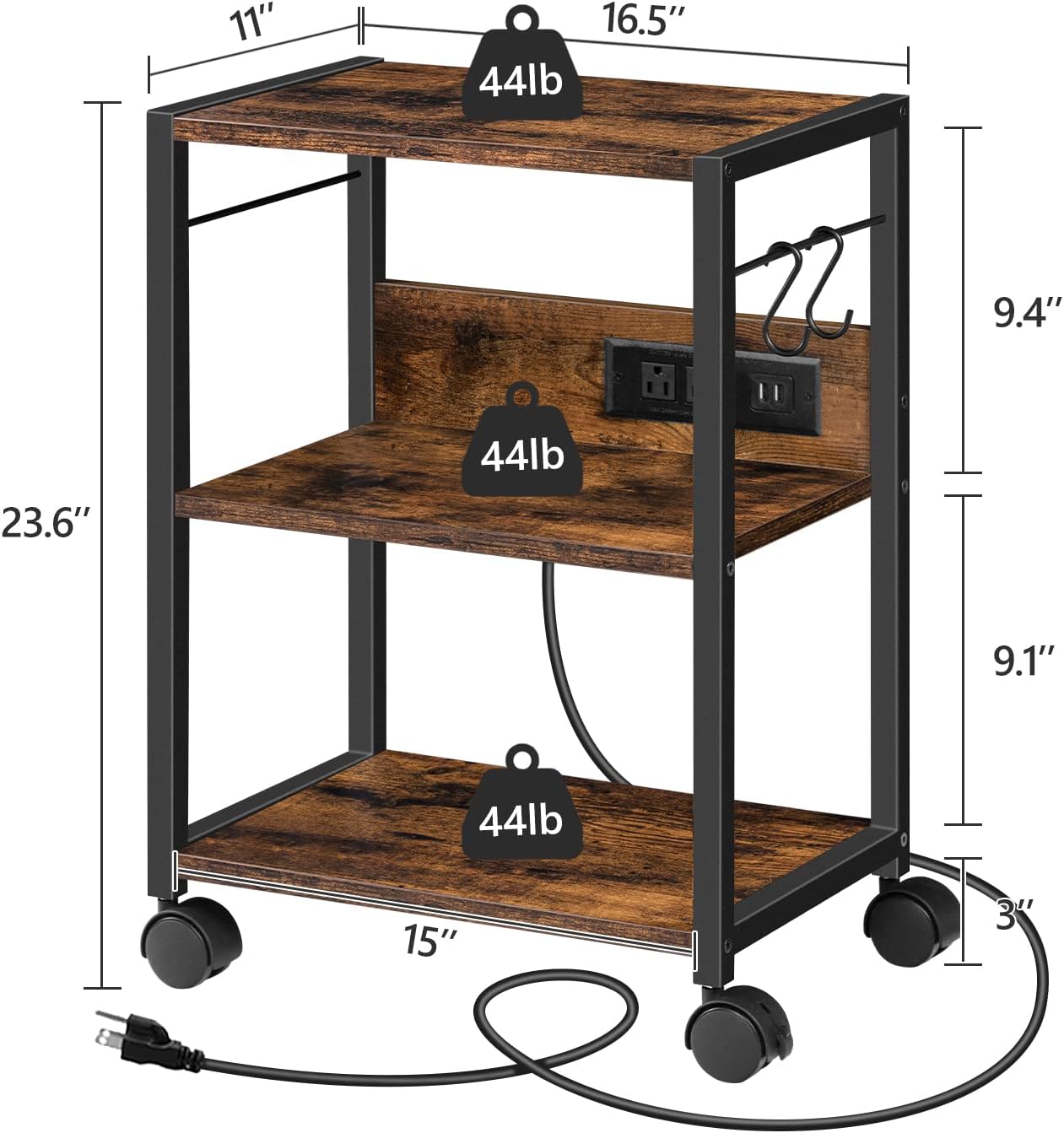 Industrial Printer Cart, 3-Tier Mobile Printer Stand, Rolling Cart with Power Outlets and USB Ports, Home Printer Stand with 2 Hooks, for Office, Living Room, Rustic Brown PTHR40E01Z