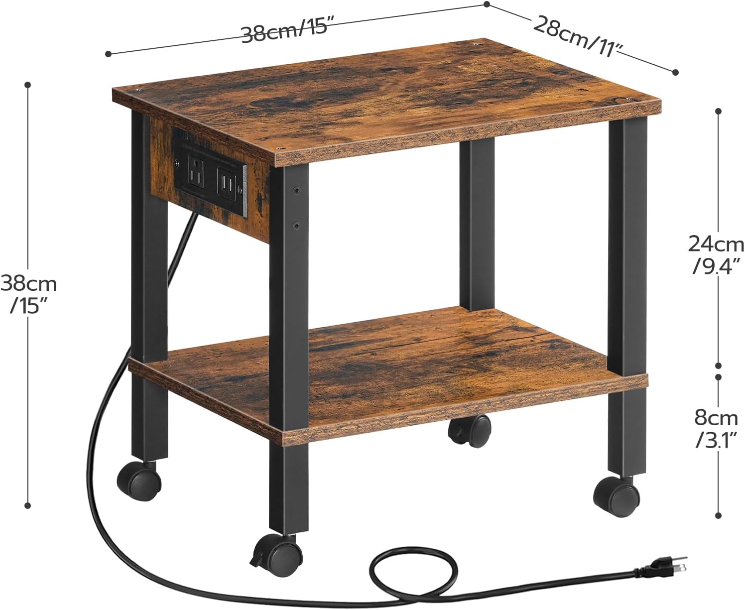 HOOBRO 2-Tier Printer Stand With Charging Station, Under Desk Table, Cart With Storage Shelves, Shelf for Small Spaces, Home Office, Rustic Brown and Black BF38UPS01
