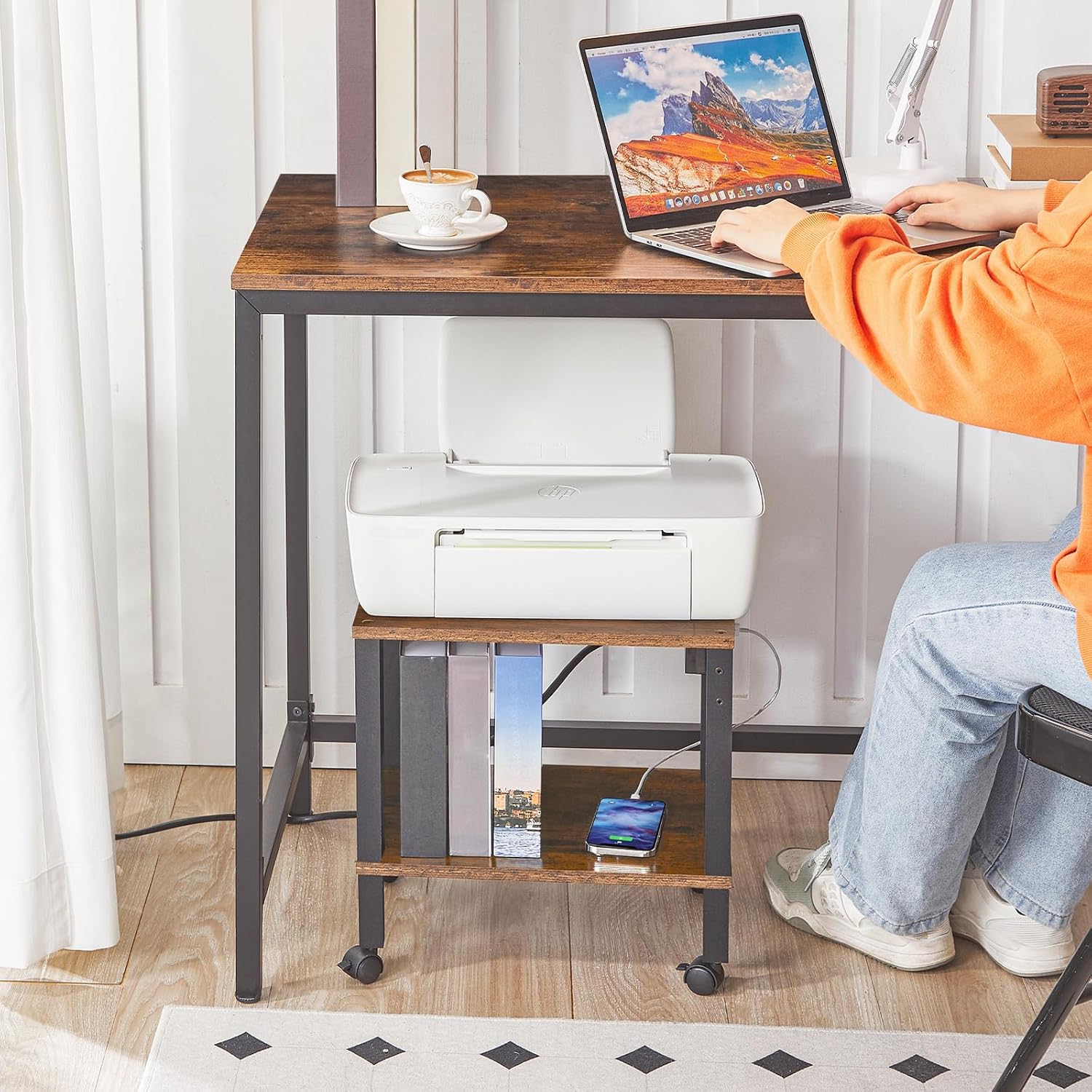 HOOBRO 2-Tier Printer Stand With Charging Station, Under Desk Table, Cart With Storage Shelves, Shelf for Small Spaces, Home Office, Rustic Brown and Black BF38UPS01