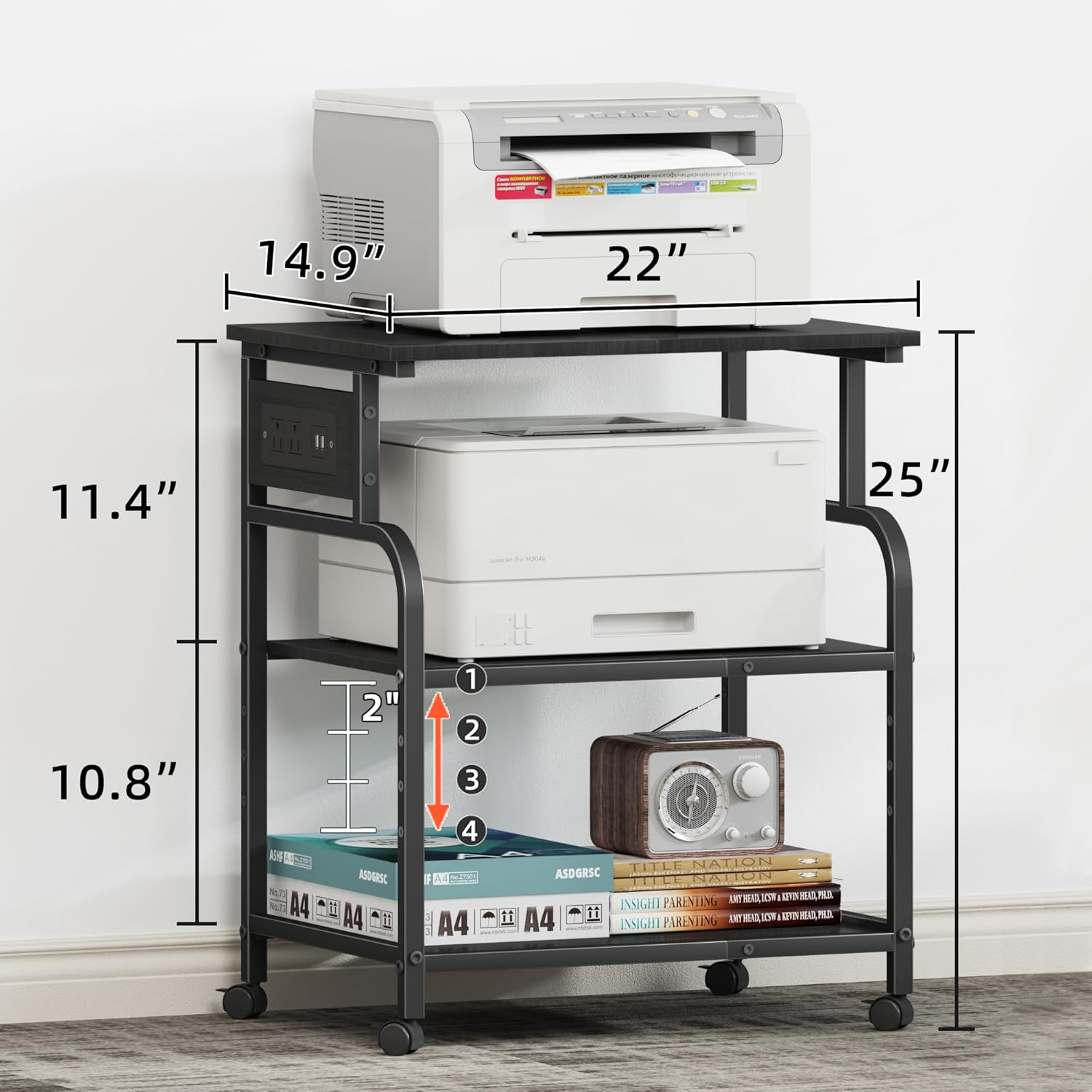 3 Tier Large Printer Stand with Power Outlet/Adjustable Storage Shelf, Rolling Cart with Wheels, Printer Table for Home Office 3D Printer/Heat Press/Laster, 22"×15" Black