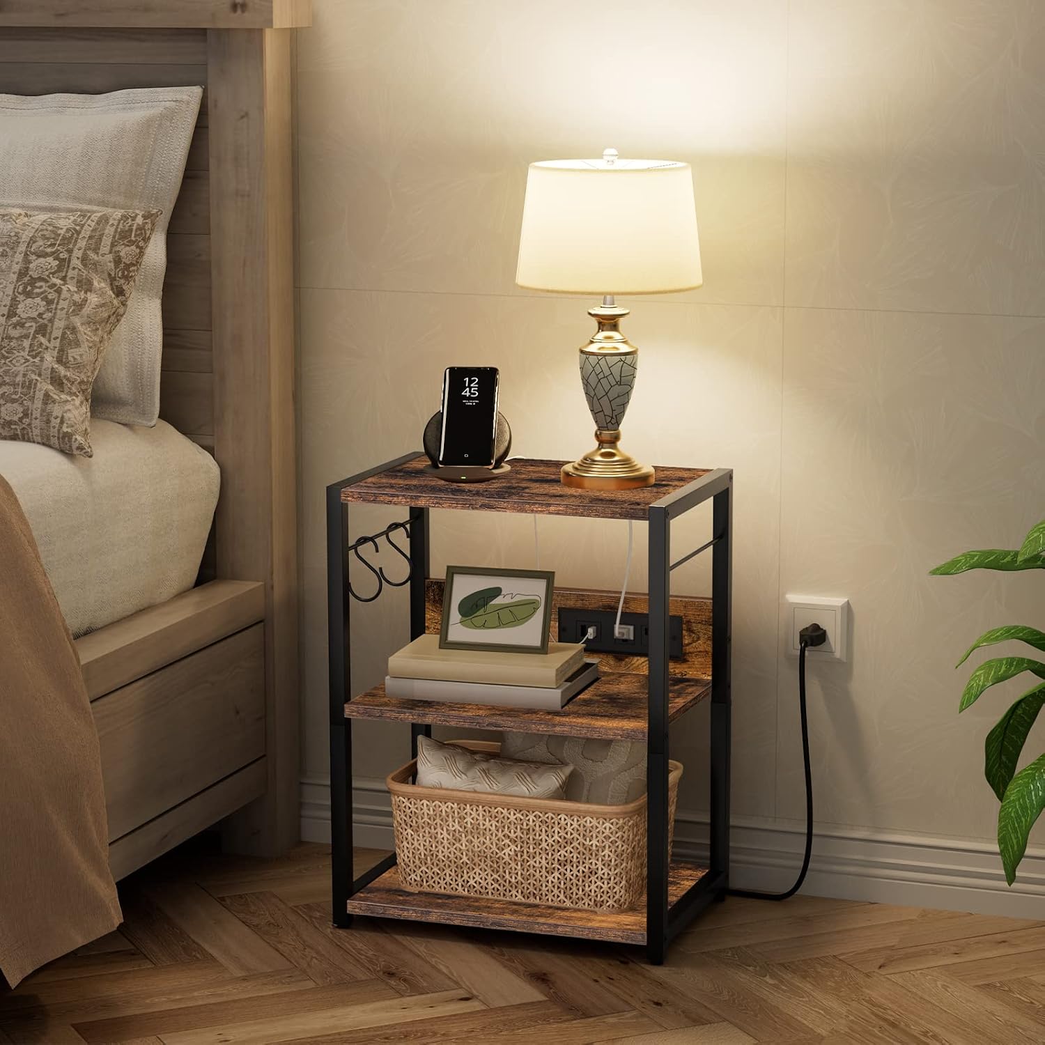 Industrial Printer Cart, 3-Tier Mobile Printer Stand, Rolling Cart with Power Outlets and USB Ports, Home Printer Stand with 2 Hooks, for Office, Living Room, Rustic Brown PTHR40E01Z