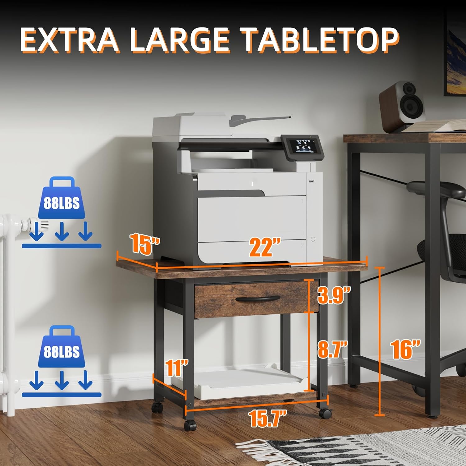 22"x15" Large Printer Stand with Storage Drawer, 2-Tier Under Desk Printer Table for Home Office, Printer Cart fit Fax Machine/3D Printer/Scanner (Brown)