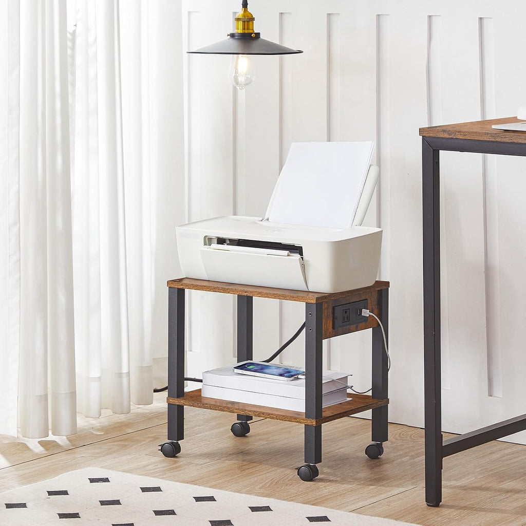 HOOBRO 2-Tier Printer Stand With Charging Station, Under Desk Table, Cart With Storage Shelves, Shelf for Small Spaces, Home Office, Rustic Brown and Black BF38UPS01