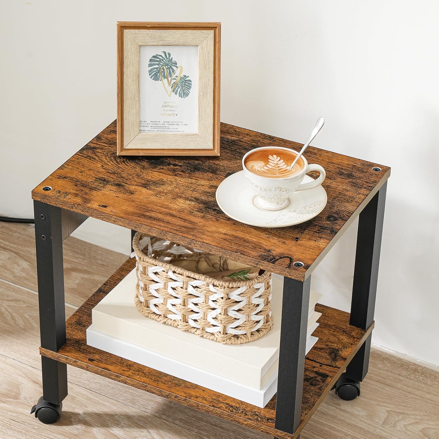 HOOBRO 2-Tier Printer Stand With Charging Station, Under Desk Table, Cart With Storage Shelves, Shelf for Small Spaces, Home Office, Rustic Brown and Black BF38UPS01
