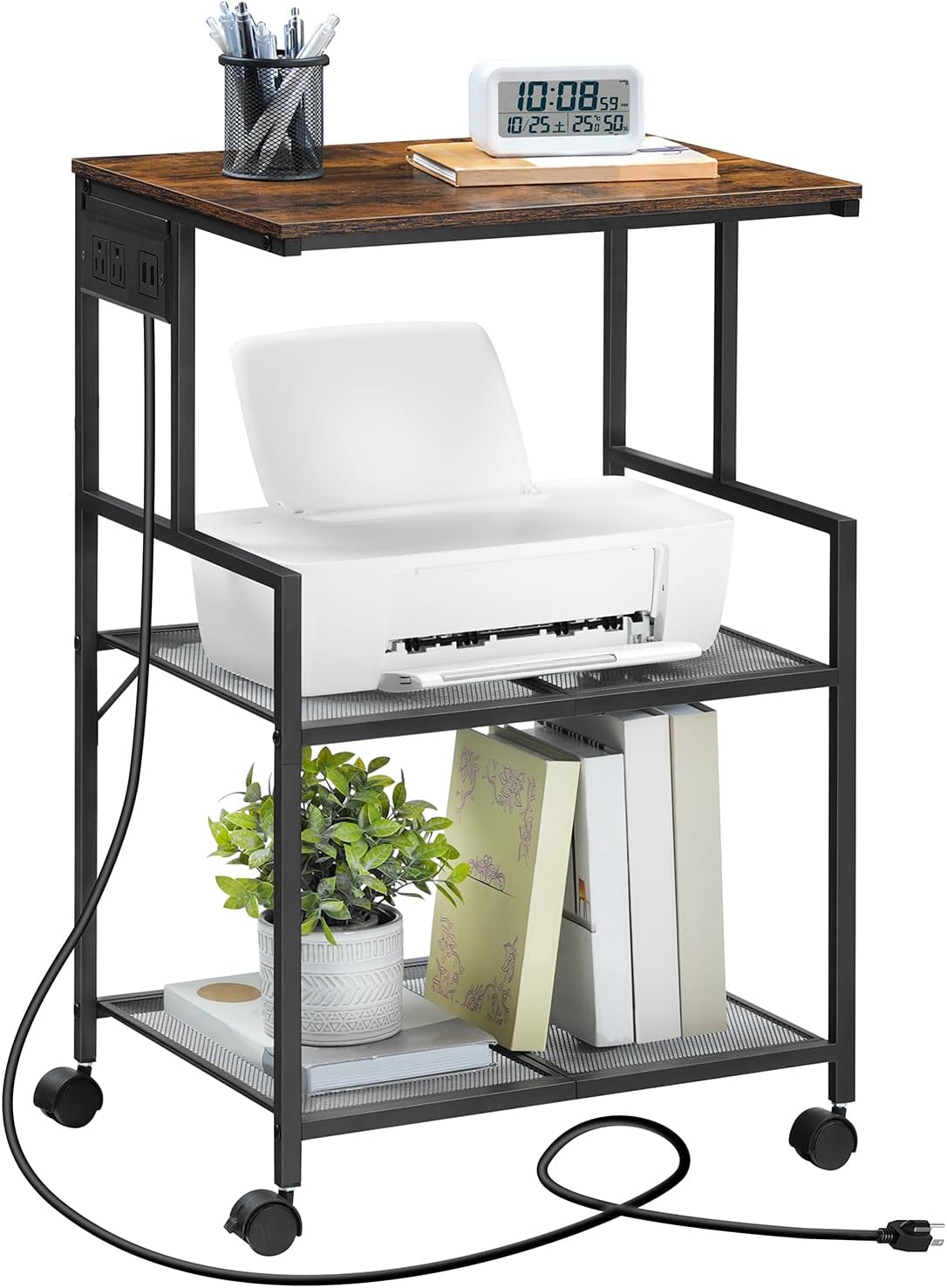 Mobile Printer Stand, 3-Tier Industrial Printer Cart with Power Outlets and 2 USB Ports, Rolling Printer Table on Wheels for Home Offices Kitchen Organization Rack, Rustic Brown PTHR78E01